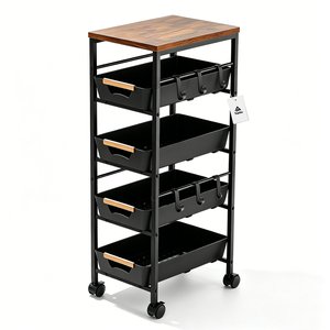 Topika - Metal Storage Trolley, Rolling Storage Cart With Wooden Top,5-Tier